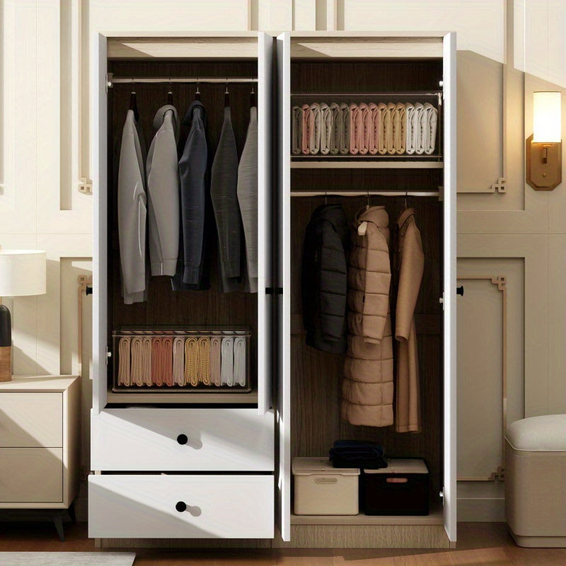 4 Door Wardrobe Closet with Drawers Shelf and Hanging Rod White