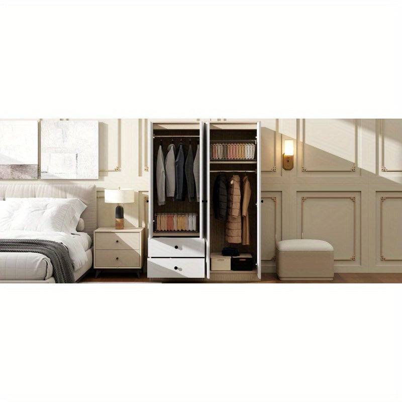 4 Door Wardrobe Closet with Drawers Shelf and Hanging Rod White