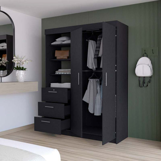 Black 3-Drawer Armoire with Double Doors & Hanging Rods - No Assembly Required, 3.2 Cu Ft Storage Cabinet, Classic Manufactured Wood Wardrobe for Bedroom, Closet Organization, Wardrobe Closet, Bedroom Furniture, Sleek Furniture, Sturdy Cabinet