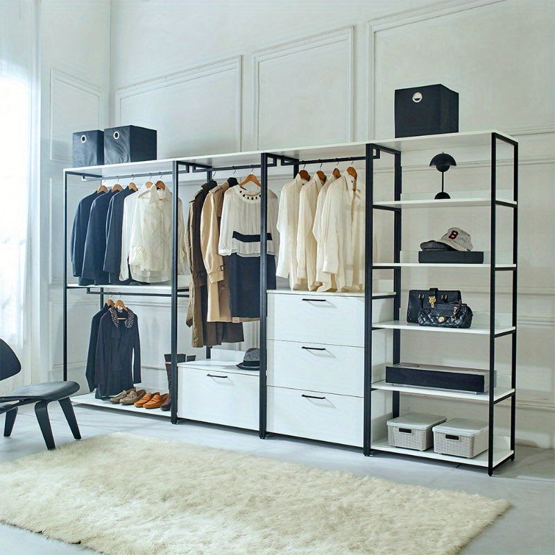 Fiona White Freestanding Walk-In Closet System with Sleek Metal Frame - Multi-Section Organizer for Efficient Storage, Ideal for Bedroom & Hallway, Clothes Organizer Storage