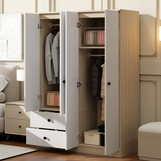 4 Door Wardrobe Closet with Drawers Shelf and Hanging Rod White